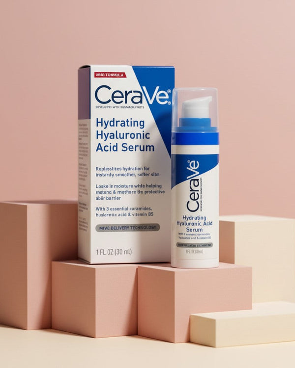 My Glam Room CeraVe Hydrating Hyaluronic Acid Serum bottle and box on geometric pedestals against a soft pink background