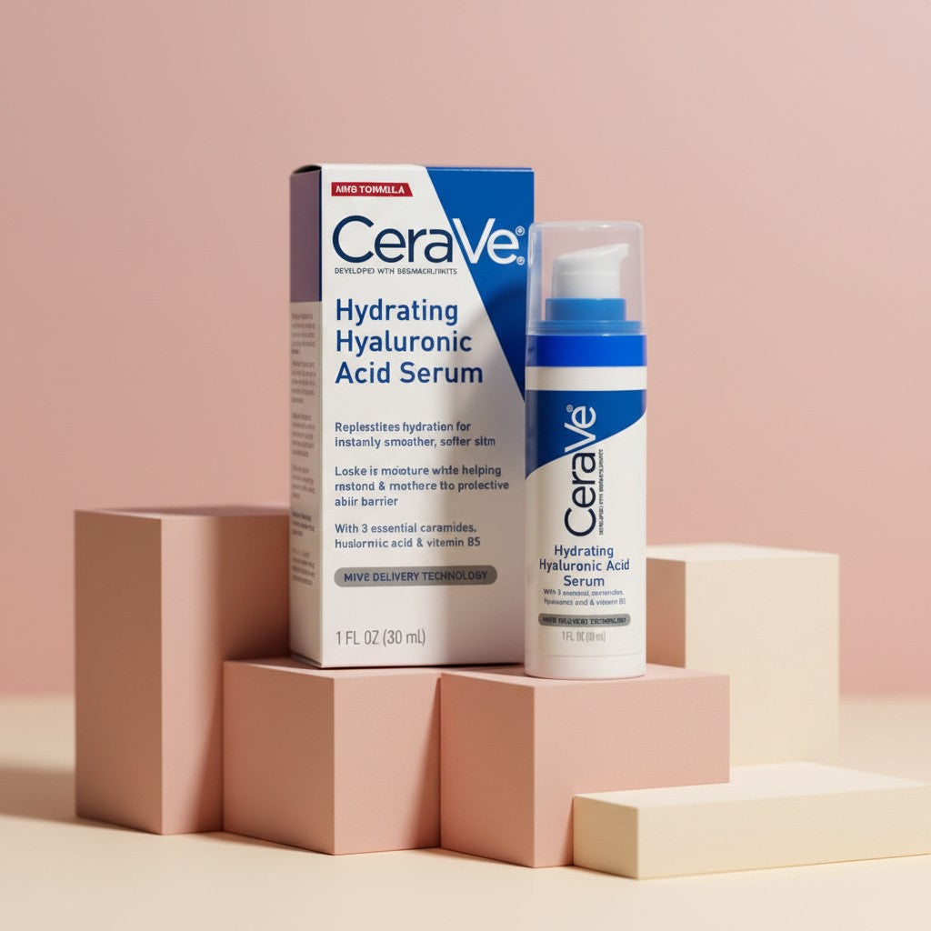 My Glam Room CeraVe Hydrating Hyaluronic Acid Serum bottle and box on geometric pedestals against a soft pink background