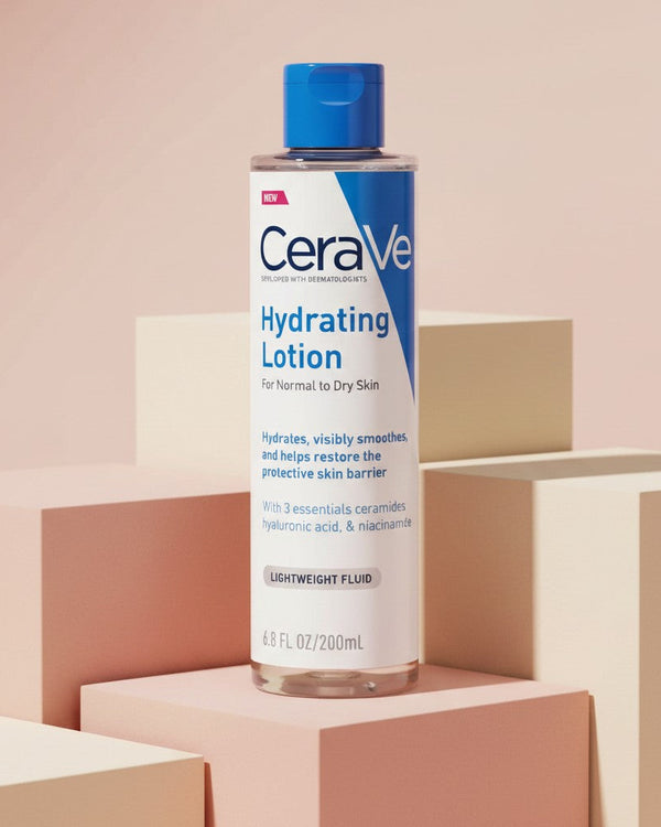 My Glam Room Cerave Hydrating Lotion for normal to dry skin in a 200ml bottle on geometric display blocks