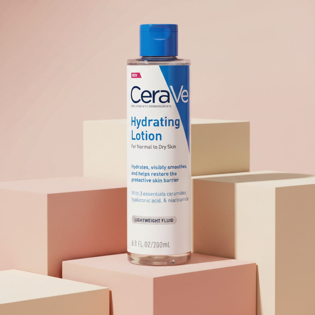 My Glam Room Cerave Hydrating Lotion for normal to dry skin in a 200ml bottle on geometric display blocks