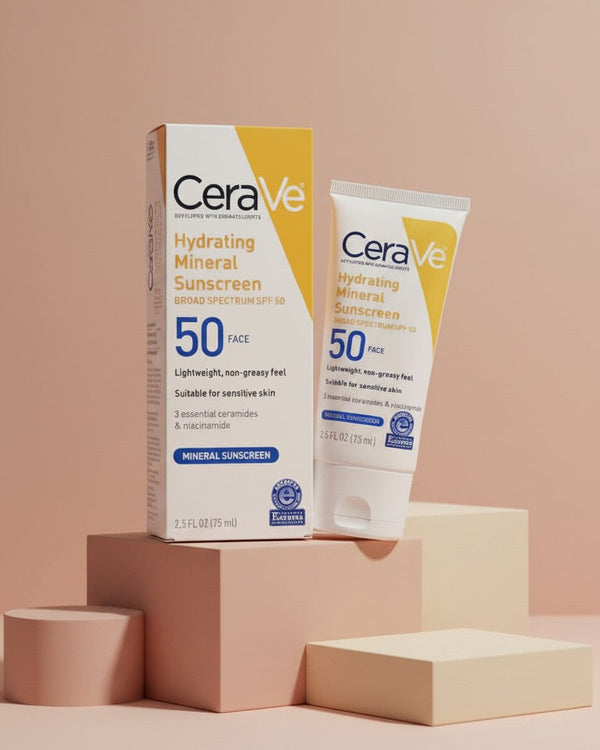 My Glam Room Cerave Hydrating Mineral Sunscreen SPF 50 face lotion in a white tube and box on geometric pedestals