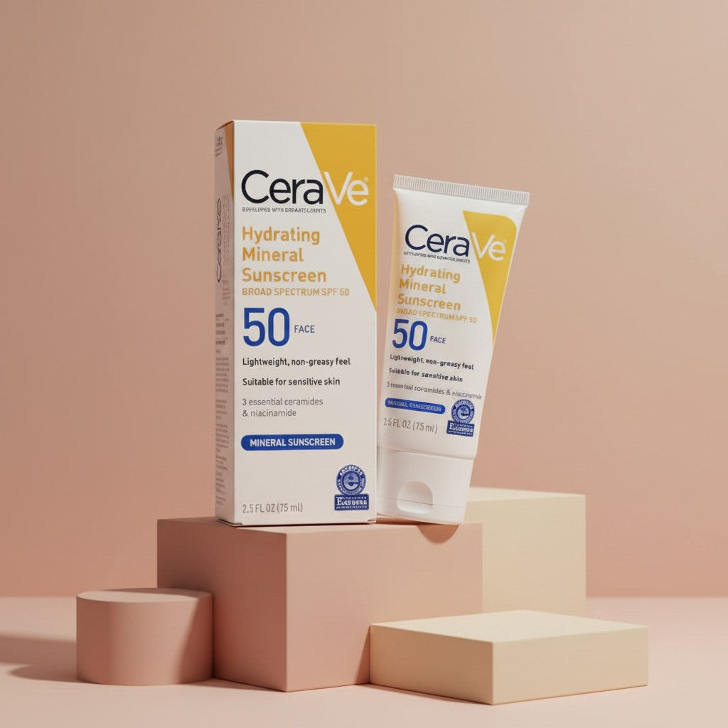 My Glam Room Cerave Hydrating Mineral Sunscreen SPF 50 face lotion in a white tube and box on geometric pedestals