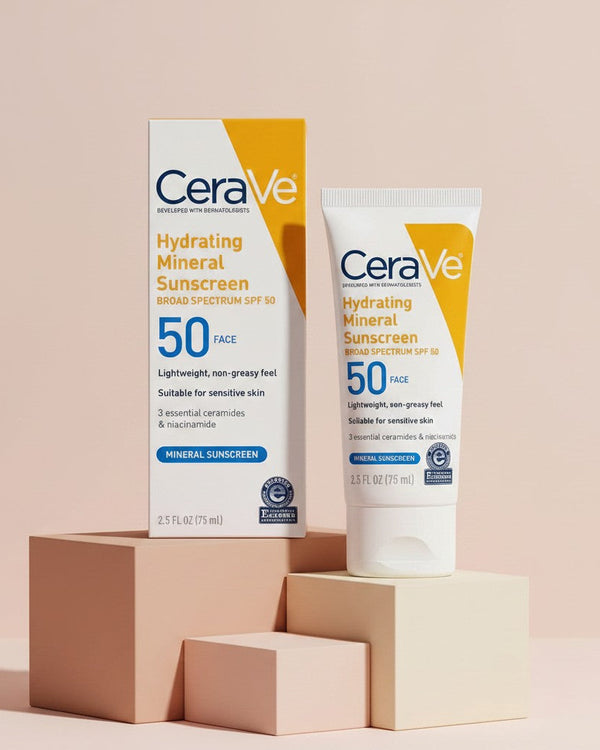 My Glam Room Cerave Hydrating Mineral Sunscreen SPF50 face lotion in a white tube and box on beige pedestals.