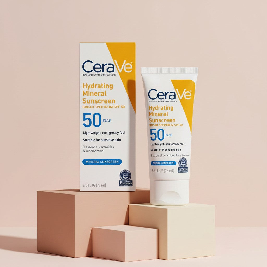 My Glam Room Cerave Hydrating Mineral Sunscreen SPF50 face lotion in a white tube and box on beige pedestals.