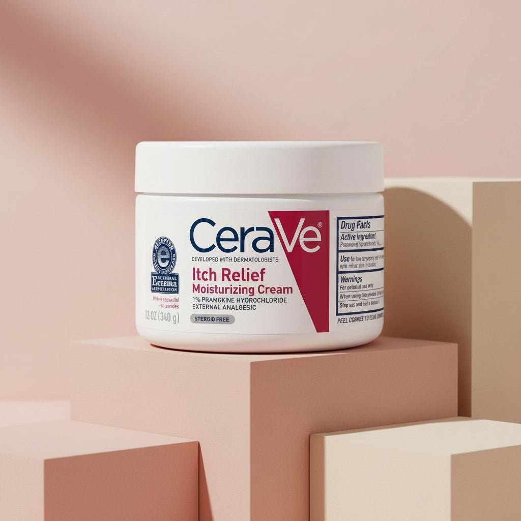 My Glam Room CeraVe Itch Relief Moisturizing Cream in a 340g white jar on minimalist geometric pedestals.