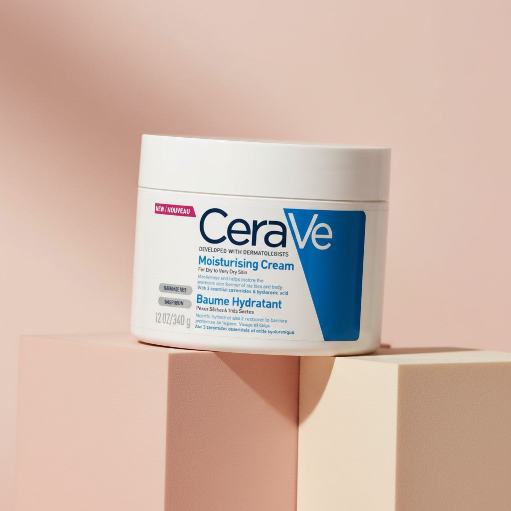 My Glam Room Cerave Moisturizing Cream for dry to very dry skin in a 340g white jar on geometric blocks.