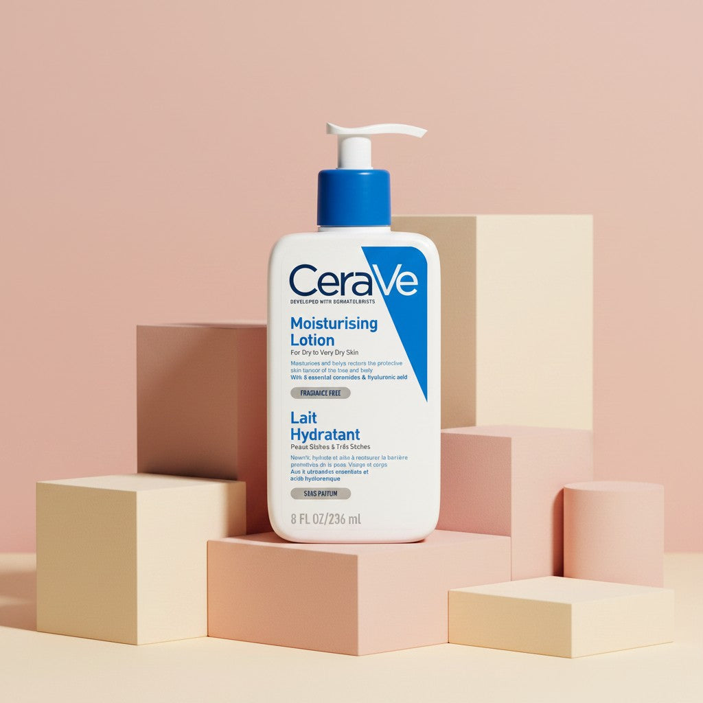 My Glam Room Cerave Moisturizing Lotion 236ml bottle with pump dispenser for dry skin on a geometric display stand