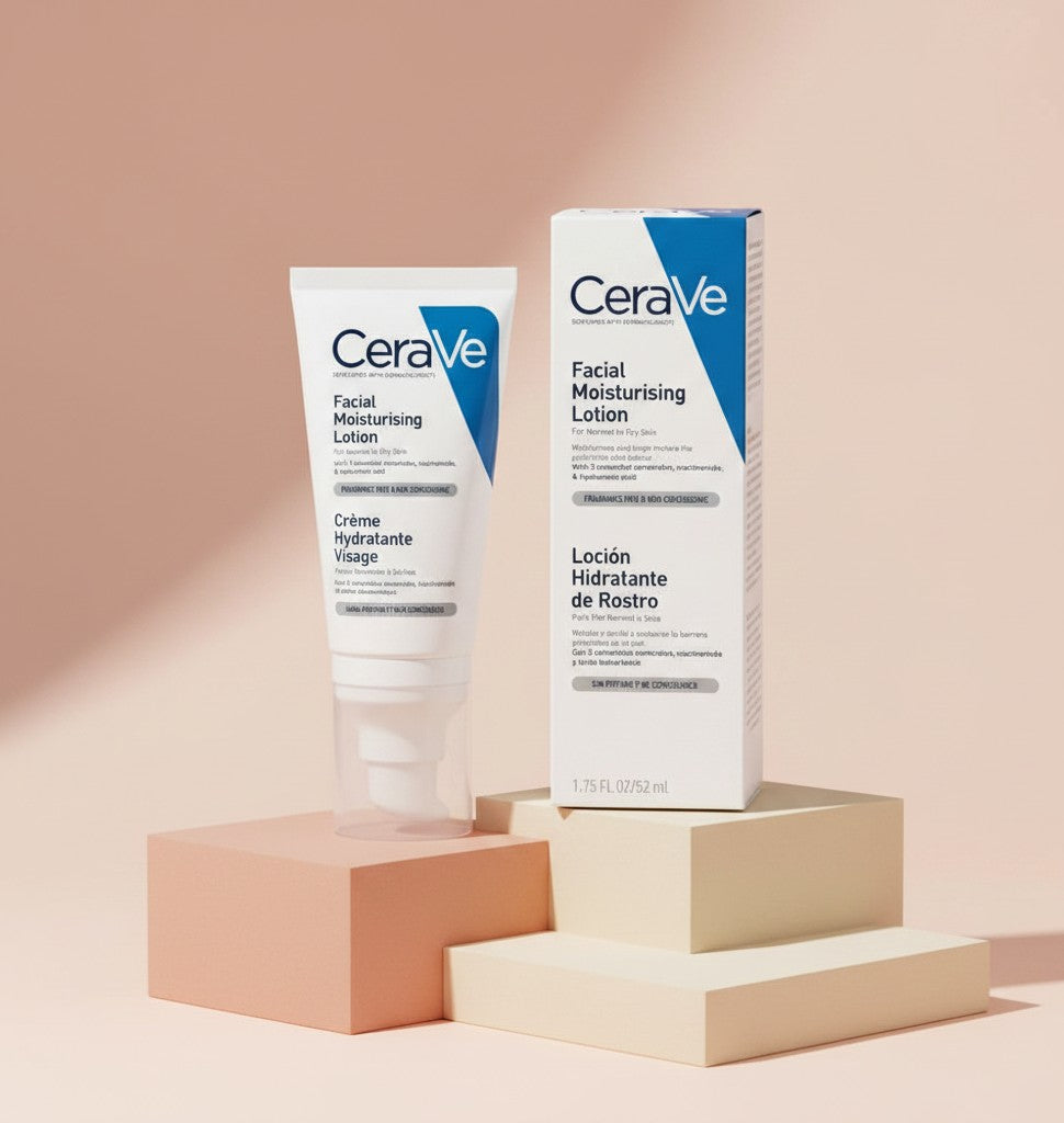 My Glam Room Cerave PM Facial Moisturizing Lotion bottle and box on beige pedestals against a soft pink background.