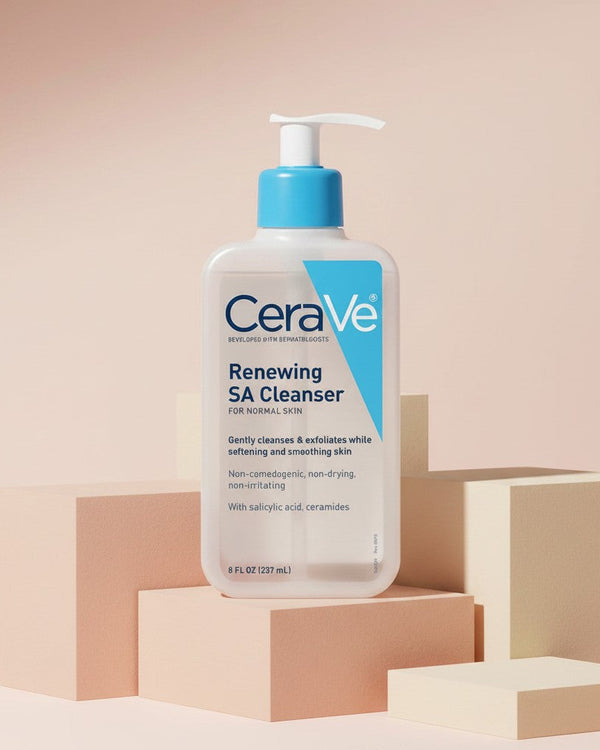 My Glam Room CeraVe Renewing SA Cleanser 237ml bottle with blue pump on geometric beige pedestals