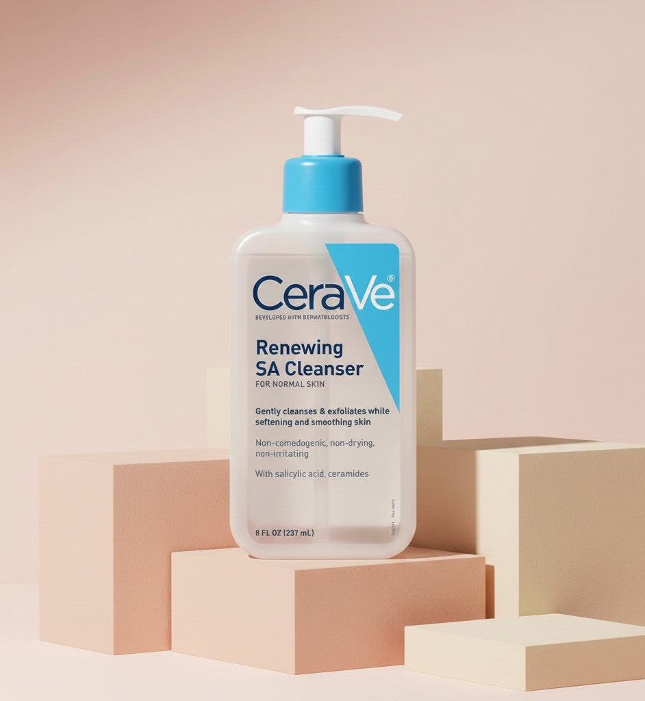 My Glam Room CeraVe Renewing SA Cleanser 237ml bottle with blue pump on geometric beige pedestals