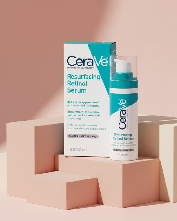My Glam Room CeraVe Resurfacing Retinol Serum bottle and box on geometric blocks against a soft pink background