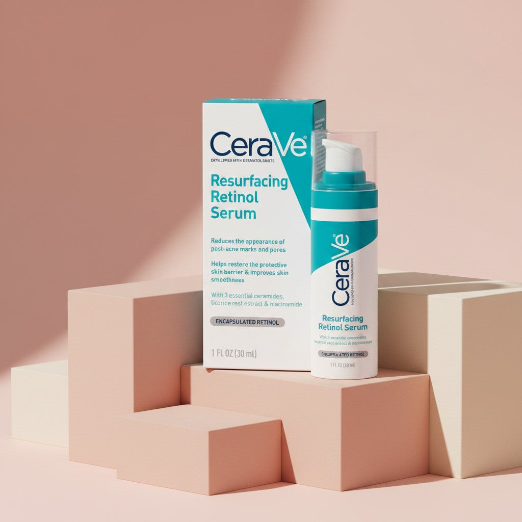 My Glam Room CeraVe Resurfacing Retinol Serum bottle and box on geometric blocks against a soft pink background