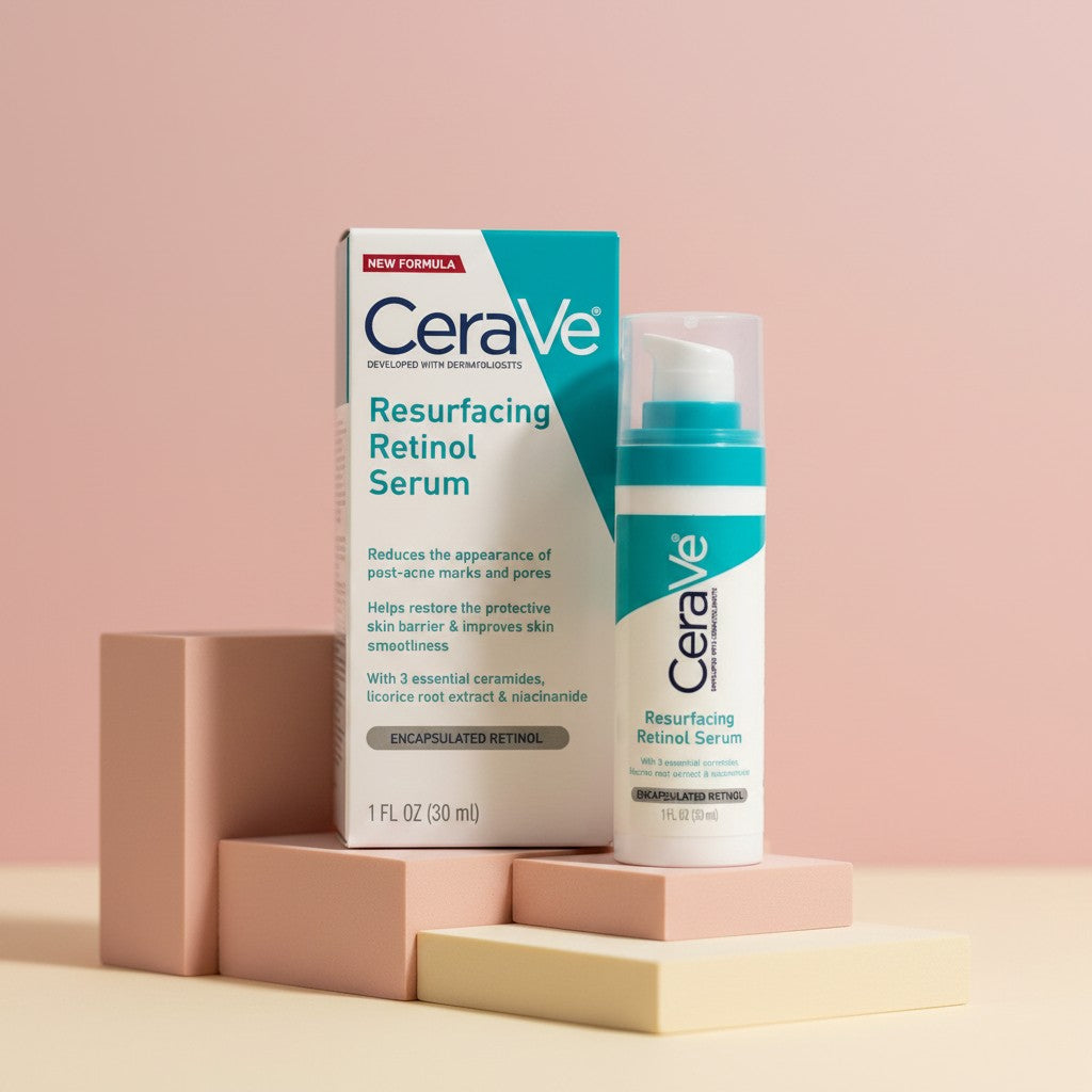 My Glam Room CeraVe Resurfacing Retinol Serum bottle and box on geometric pedestals against a soft pink background.