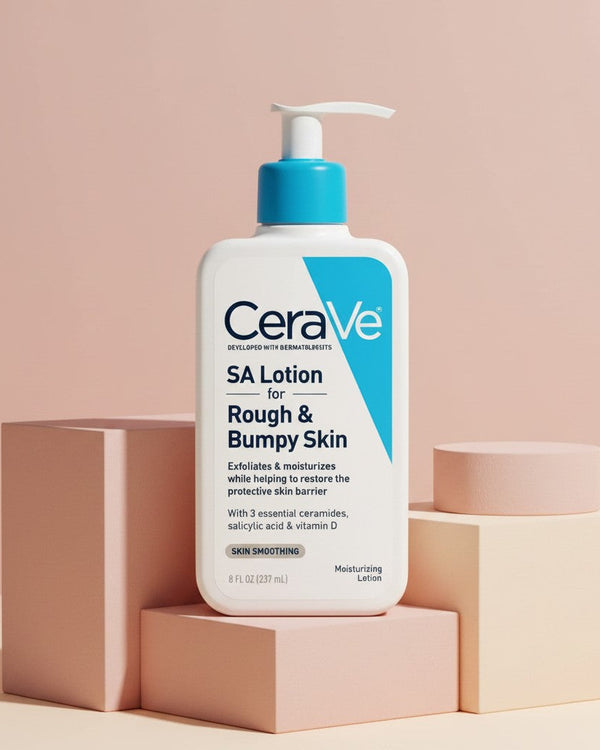 My Glam Room CeraVe SA Lotion for rough and bumpy skin in a 237ml pump bottle on geometric display blocks.