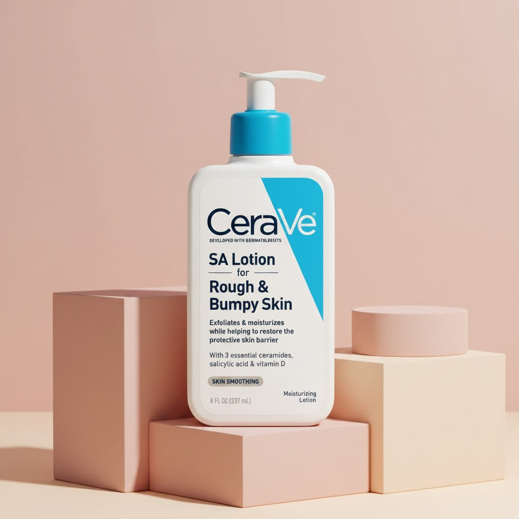 My Glam Room CeraVe SA Lotion for rough and bumpy skin in a 237ml pump bottle on geometric display blocks.