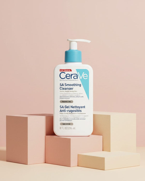 My Glam Room CeraVe SA Smoothing Cleanser 236ml bottle for dry, rough, and bumpy skin on a geometric pedestal.