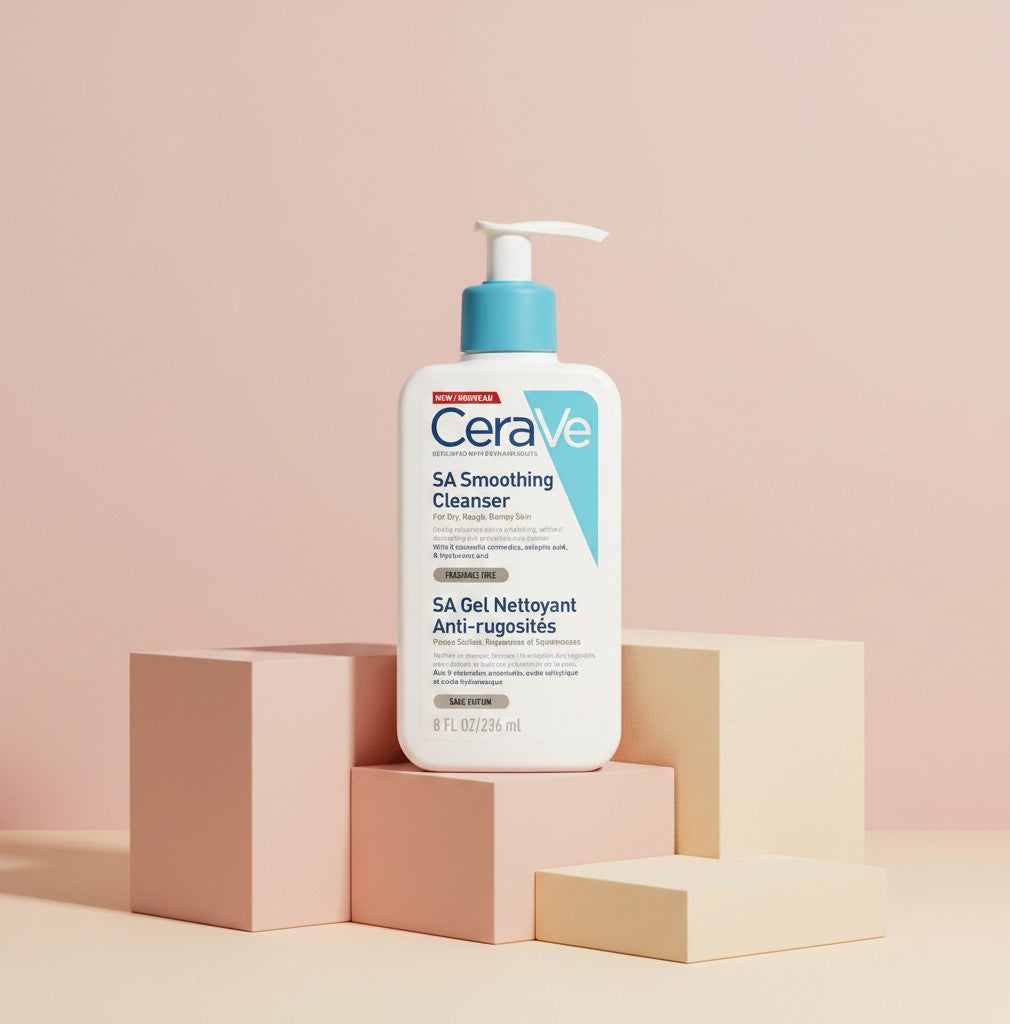 My Glam Room CeraVe SA Smoothing Cleanser 236ml bottle for dry, rough, and bumpy skin on a geometric pedestal.