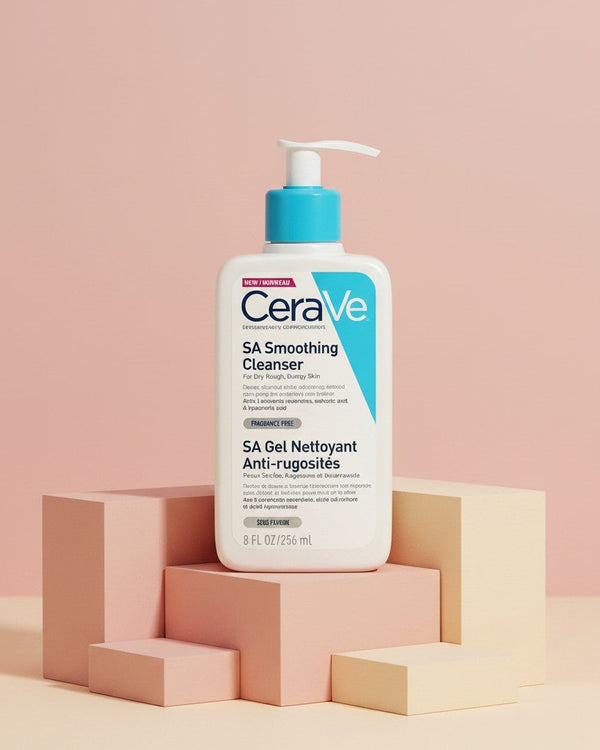 My Glam Room Cerave SA Smoothing Cleanser bottle with a blue pump on a geometric pedestal against a soft pink background