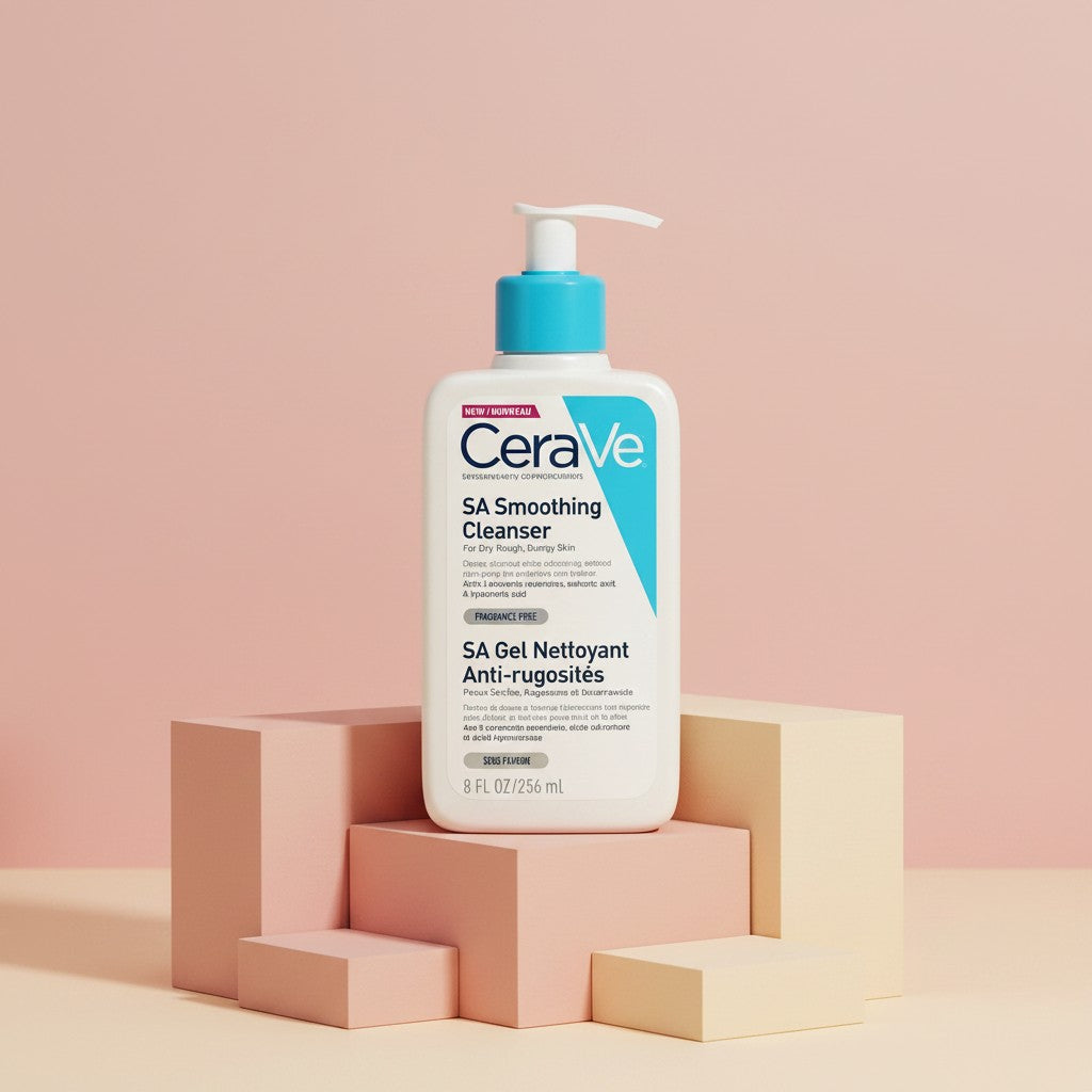 My Glam Room Cerave SA Smoothing Cleanser bottle with a blue pump on a geometric pedestal against a soft pink background
