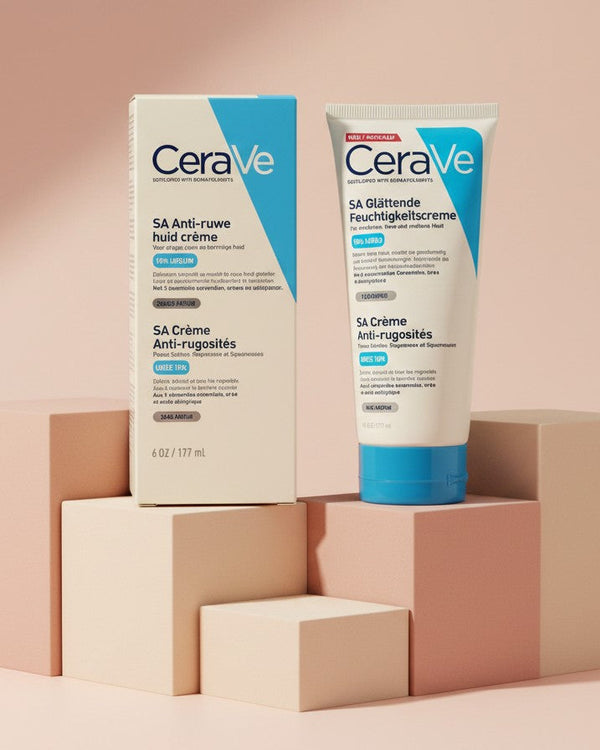 My Glam Room CeraVe SA Smoothing Cream 177ml tube and box on tiered pedestals for skincare routine