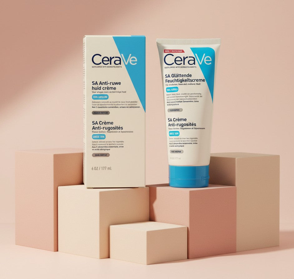 My Glam Room CeraVe SA Smoothing Cream 177ml tube and box on tiered pedestals for skincare routine