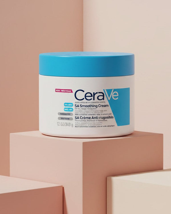My Glam Room CeraVe SA Smoothing Cream 340g jar with blue lid on a minimalist peach pedestal