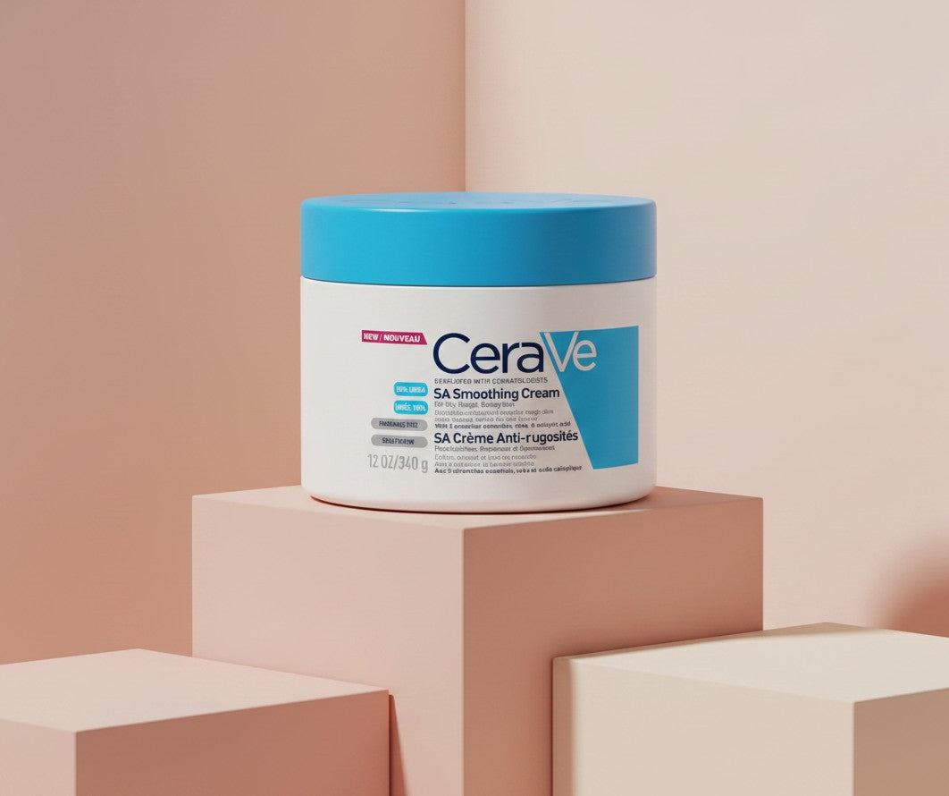 My Glam Room CeraVe SA Smoothing Cream 340g jar with blue lid on a minimalist peach pedestal