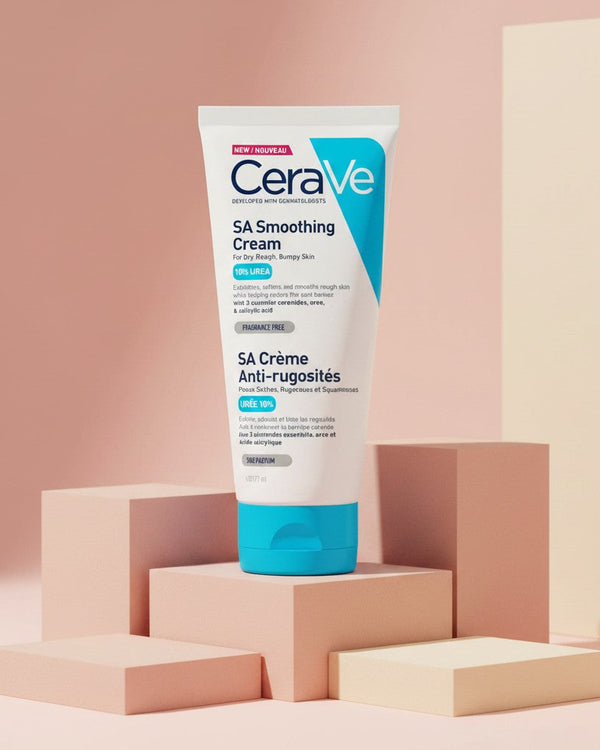 My Glam Room CeraVe SA Smoothing Cream 177ml tube for dry, rough, and bumpy skin on a minimalist geometric display.