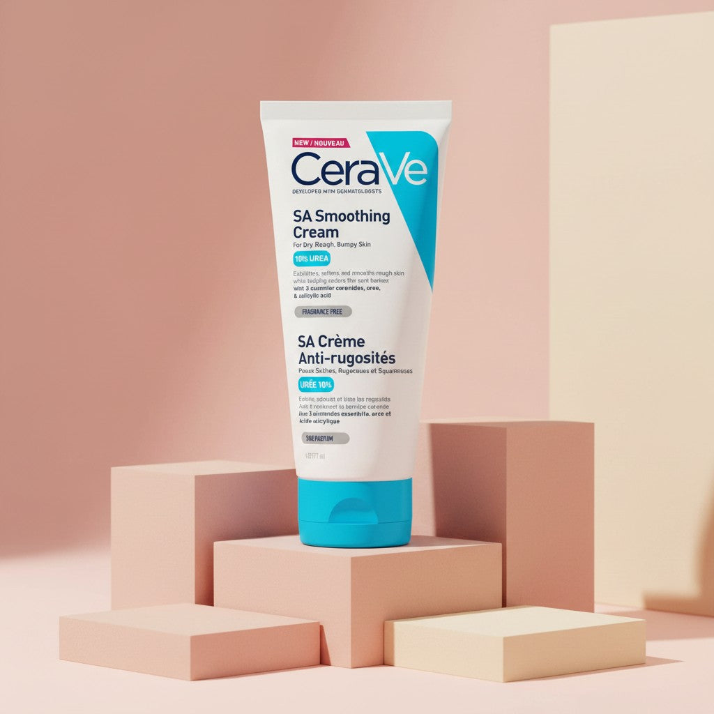 My Glam Room CeraVe SA Smoothing Cream 177ml tube for dry, rough, and bumpy skin on a minimalist geometric display.