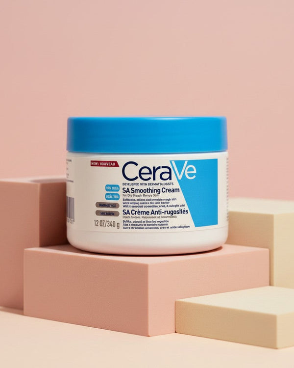 My Glam Room CeraVe SA Smoothing Salicylic Acid Cream in a 340g white jar with a blue lid on geometric pedestals.