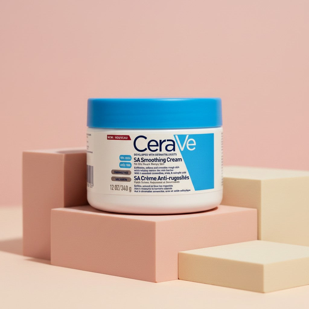 My Glam Room CeraVe SA Smoothing Salicylic Acid Cream in a 340g white jar with a blue lid on geometric pedestals.