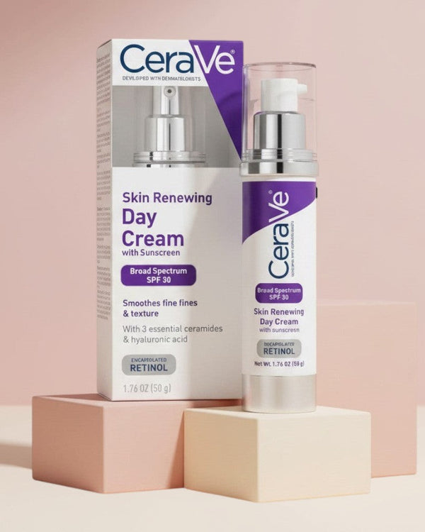 My Glam Room CeraVe Skin Renewing Day Cream SPF 30 with retinol, ceramides, and hyaluronic acid in a pump bottle.