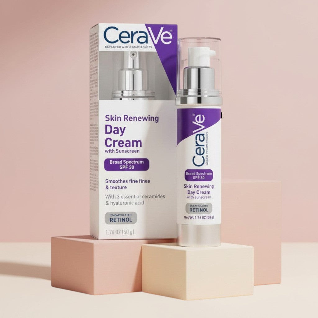My Glam Room CeraVe Skin Renewing Day Cream SPF 30 with retinol, ceramides, and hyaluronic acid in a pump bottle.