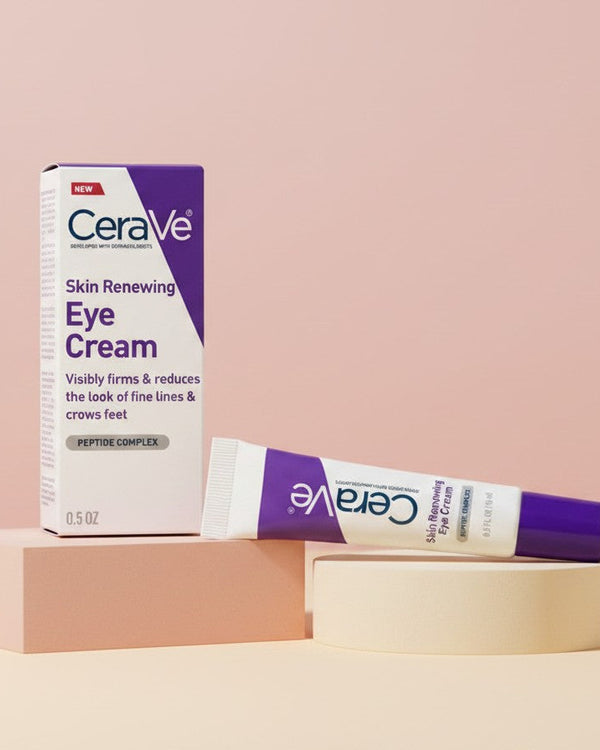 My Glam Room CeraVe Skin Renewing Eye Cream tube and box packaging on pedestals against a soft pink background