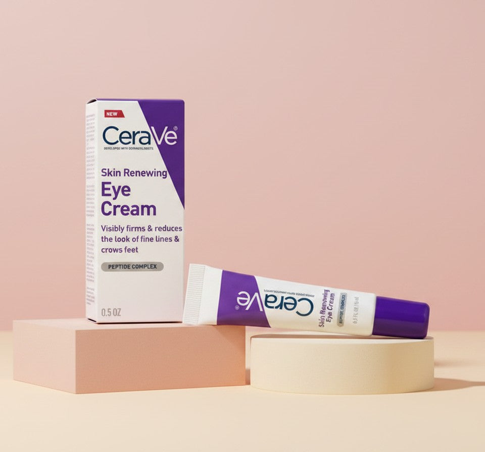 My Glam Room CeraVe Skin Renewing Eye Cream tube and box packaging on pedestals against a soft pink background