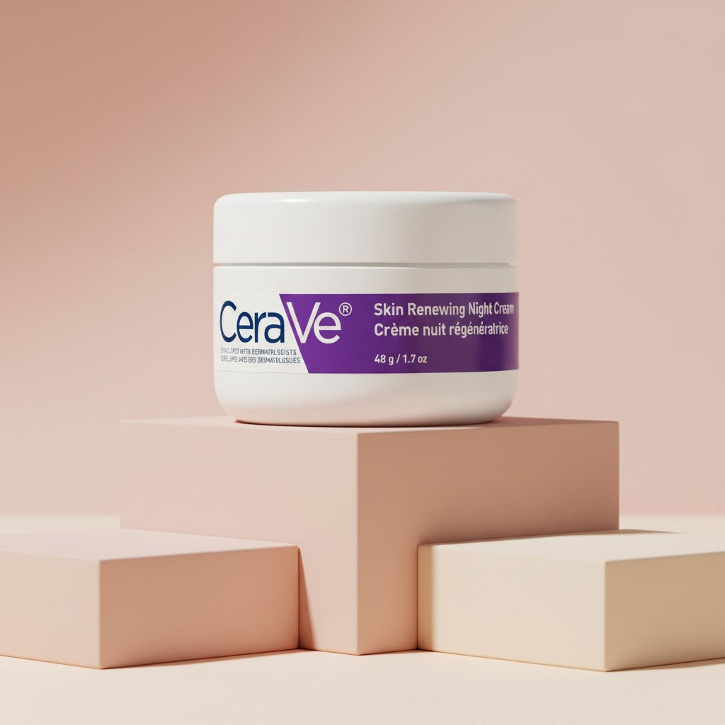 My Glam Room Cerave Skin Renewing Night Cream in a white 48g jar displayed on geometric pedestals