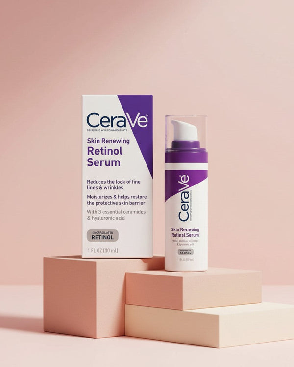 My Glam Room CeraVe Skin Renewing Retinol Serum bottle and box on beige pedestals against a soft pink background.