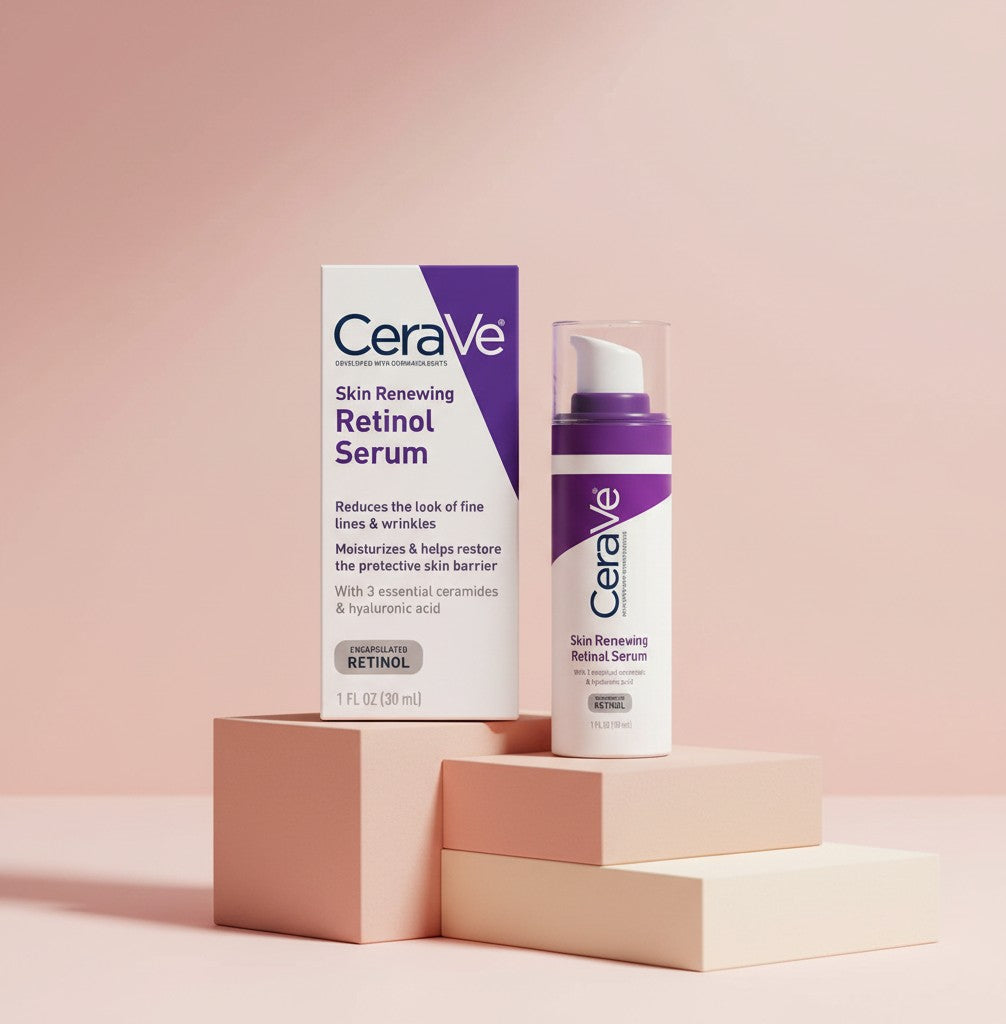 My Glam Room CeraVe Skin Renewing Retinol Serum bottle and box on beige pedestals against a soft pink background.