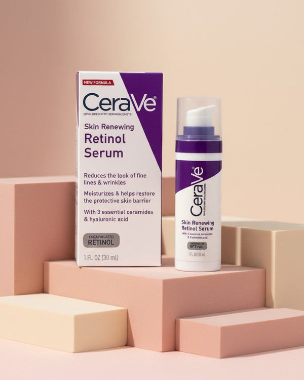 My Glam Room CeraVe Skin Renewing Retinol Serum bottle and box on geometric pedestals for skincare routine