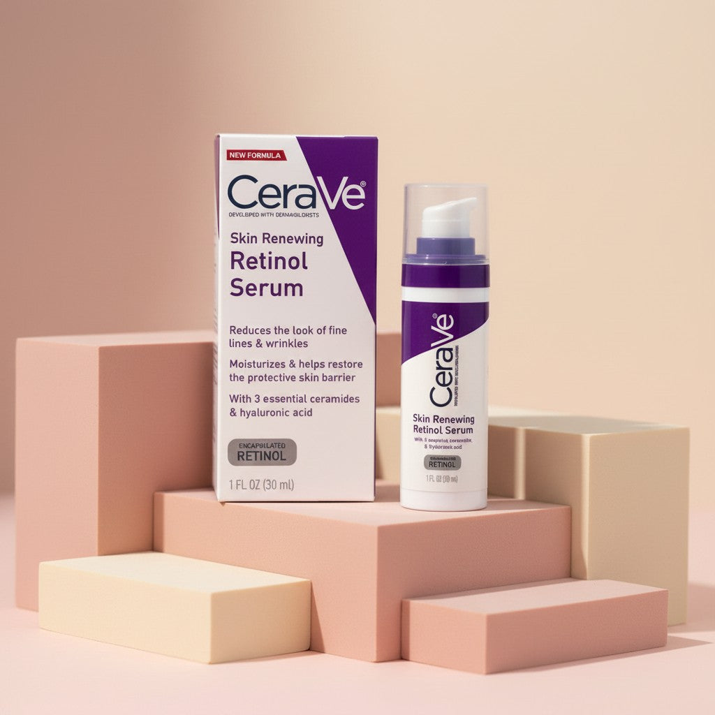 My Glam Room CeraVe Skin Renewing Retinol Serum bottle and box on geometric pedestals for skincare routine