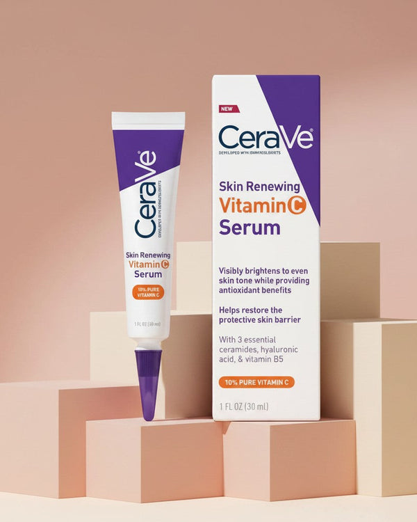 My Glam Room Cerave Skin Renewing Vitamin C Serum tube and box on geometric blocks for skincare routine