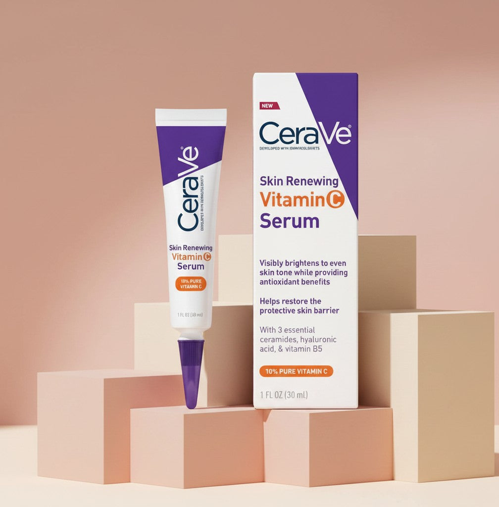 My Glam Room Cerave Skin Renewing Vitamin C Serum tube and box on geometric blocks for skincare routine