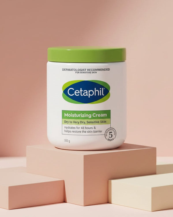 My Glam Room Cetaphil Moisturizing Cream for dry sensitive skin in a 550g white jar with a green lid on a pedestal.