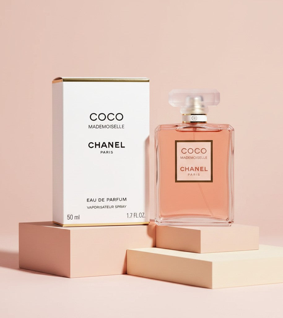 My Glam Room Chanel Coco Mademoiselle Eau de Parfum 75ml bottle and white box on pastel pink geometric pedestals
