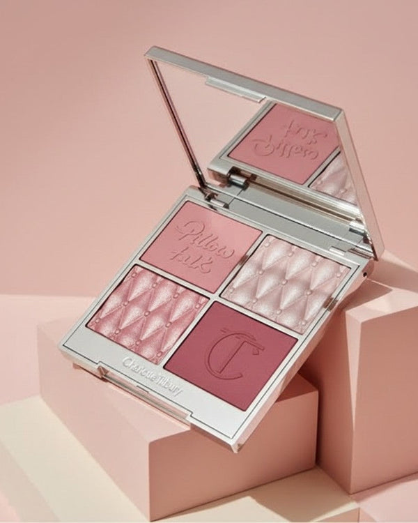 My Glam Room Charlotte Tilbury Pillow Talk face palette featuring four shades of pink blush and highlighter in a compact