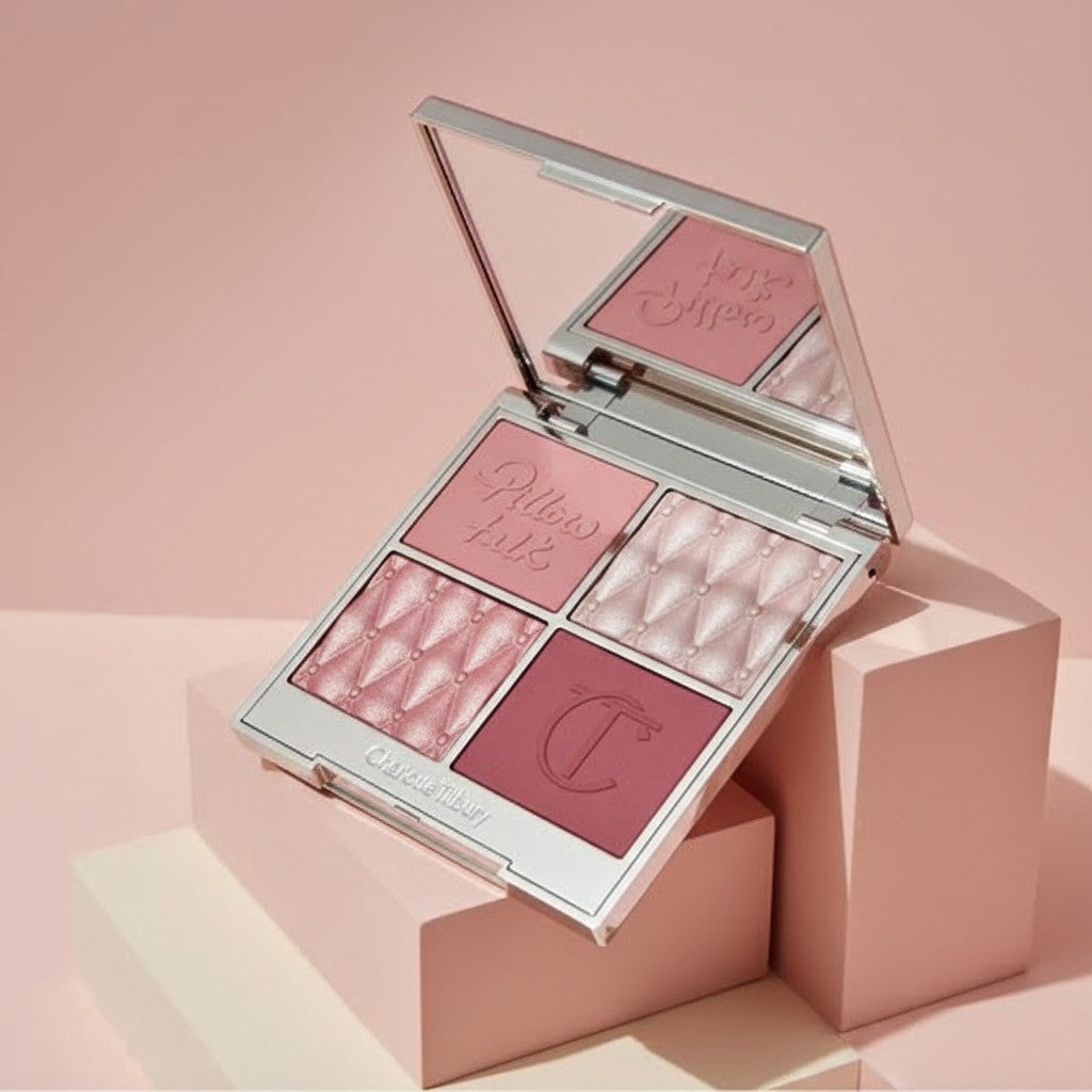My Glam Room Charlotte Tilbury Pillow Talk face palette featuring four shades of pink blush and highlighter in a compact