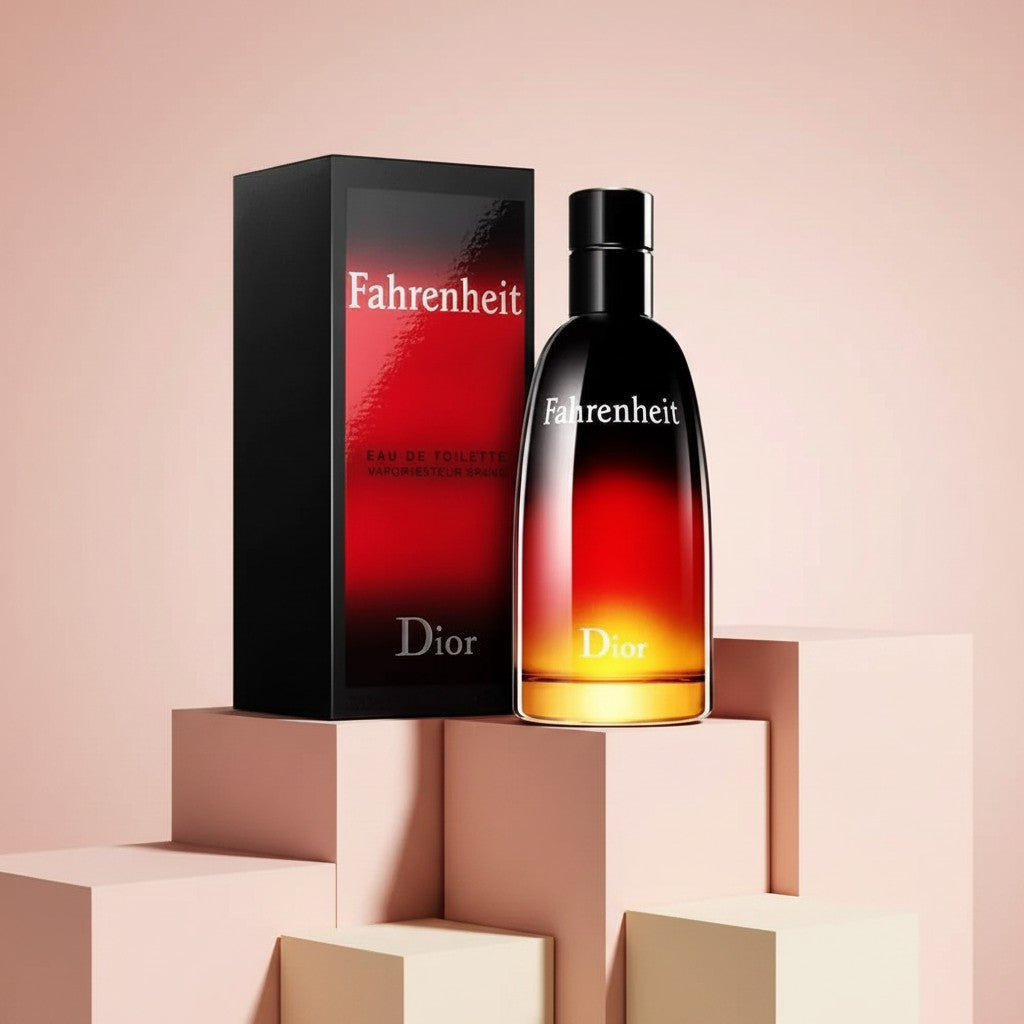 My Glam Room Christian Dior Fahrenheit Eau de Toilette bottle and box with red and yellow gradient glass design
