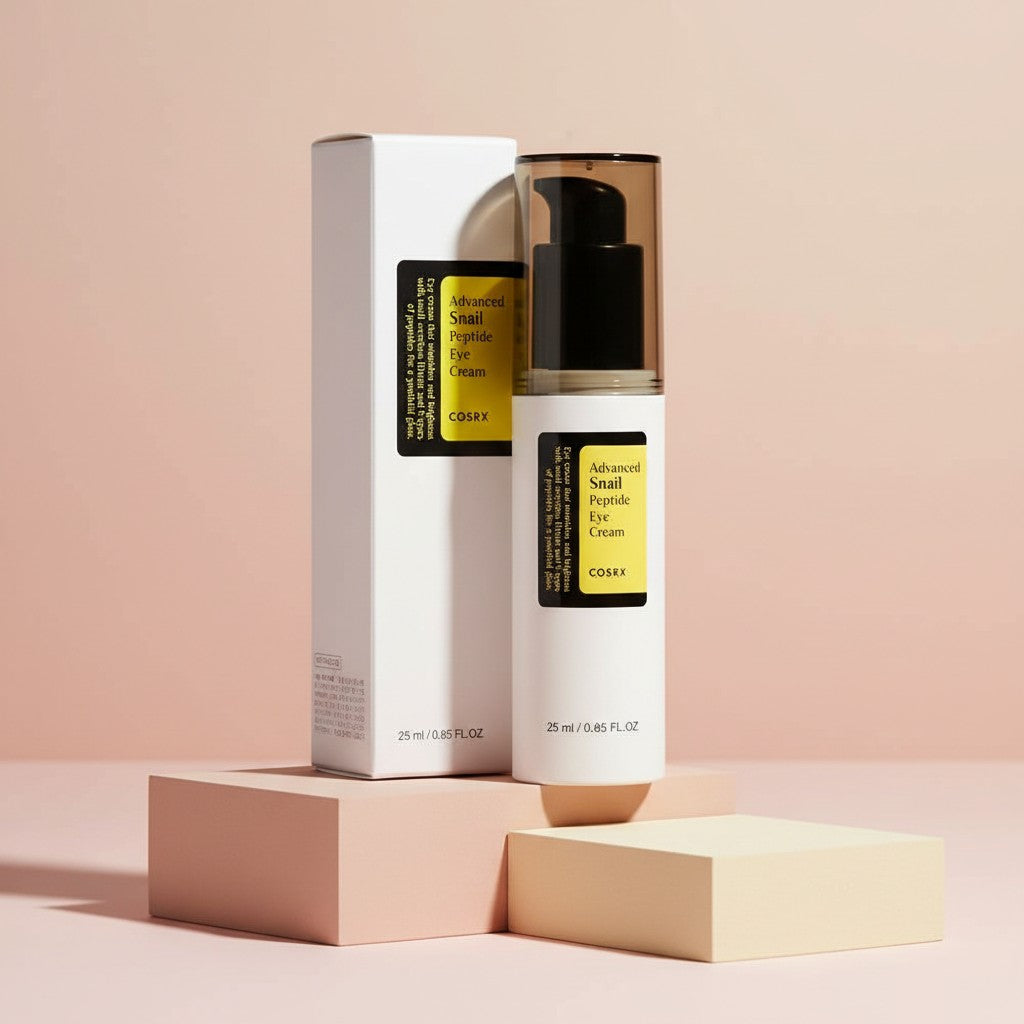 My Glam Room COSRX Advanced Snail Peptide Eye Cream in a white pump bottle with its matching product box.