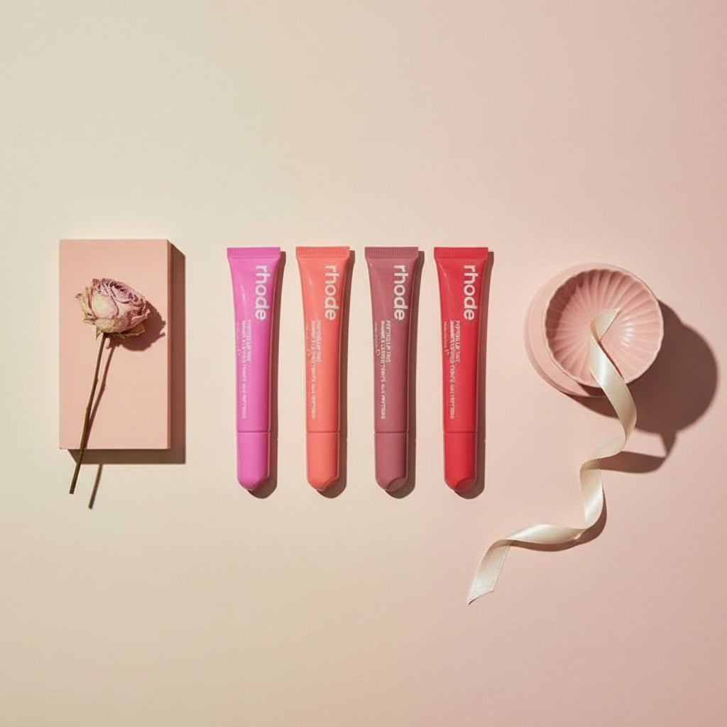 My Glam Room set of four rhode peptide lip tints in assorted pink and red shades with a dried rose and ribbon