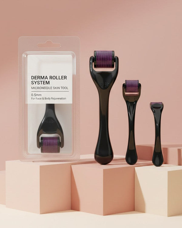 My Glam Room 0.5mm derma roller microneedle skin tool set with purple needles and black handles on pink pedestals